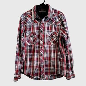 Rock & Roll Cowboy Men's Western Red Plaid Shirt Pearl Snap‎ Button Size L